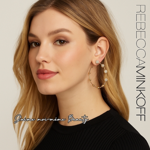 Rebecca Minkoff Gold Plated Swarovski Crystal Pave Sphere Hoop Earrings - Picture 1 of 5